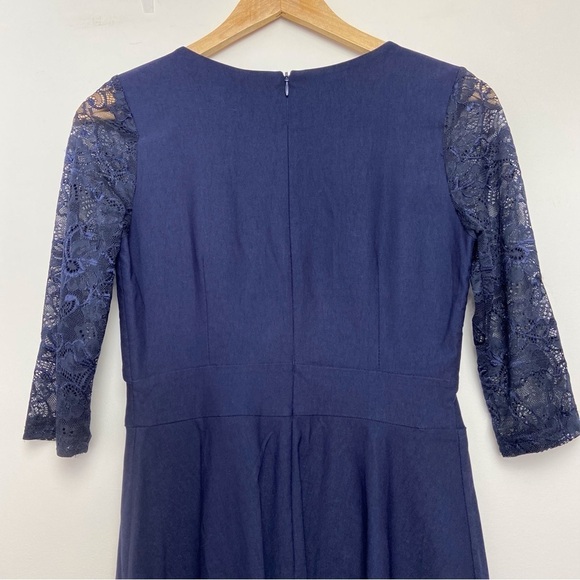 Miusol dress navy blue lace 3/4 sleeves stretchy A-Line midi small fit & flare - Picture 5 of 16
